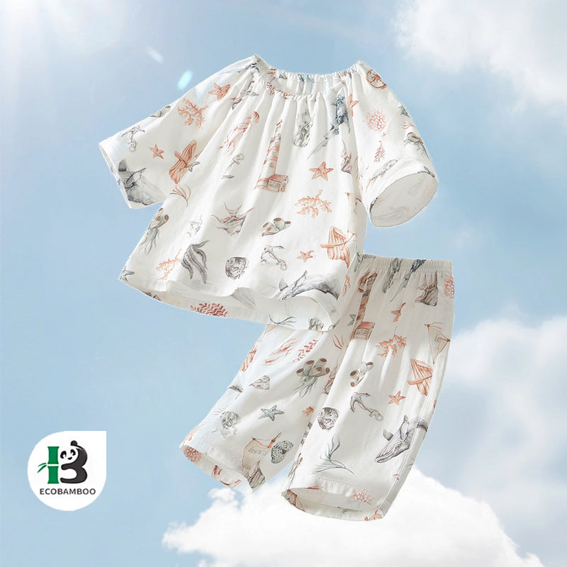 Korean vintage floral pajamas baby print casual two-piece summer new gauze set baby loungewear