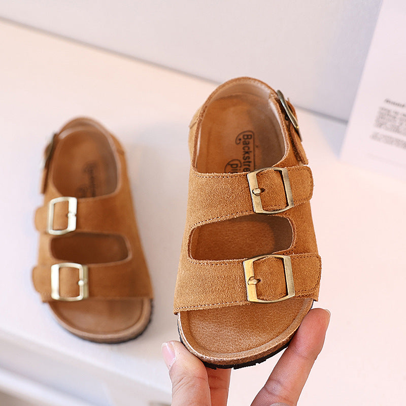 Genuine leather children's Birkenstock sandals Korean version nubuck leather soft-soled baby sandals retro wooden Kang sole medium and large children's sandals