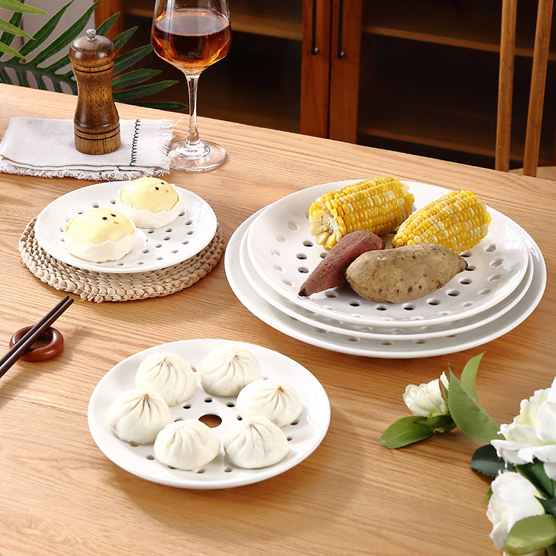 Ceramic dumpling plate, porous steaming plate, draining plate, round fruit plate, steamed seafood and fish plate, steamed slices, round steaming grid