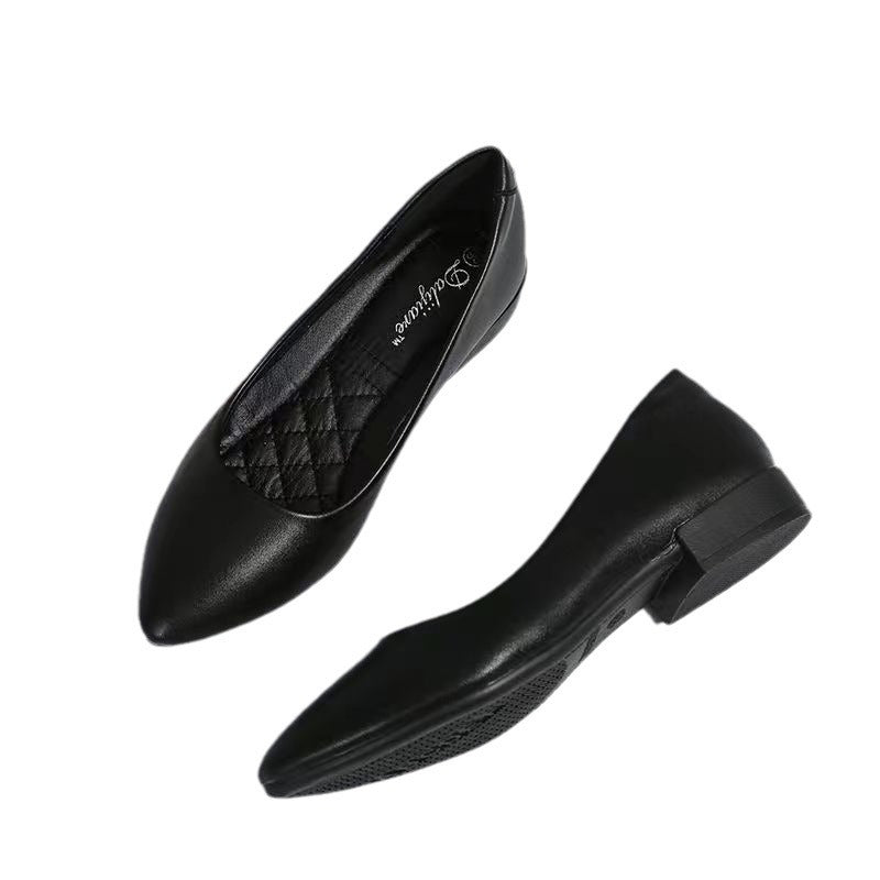 Leather pointed-toe block heel flat single shoes professional women's shoes black work shoes soft soles bank hotel office shoes new style