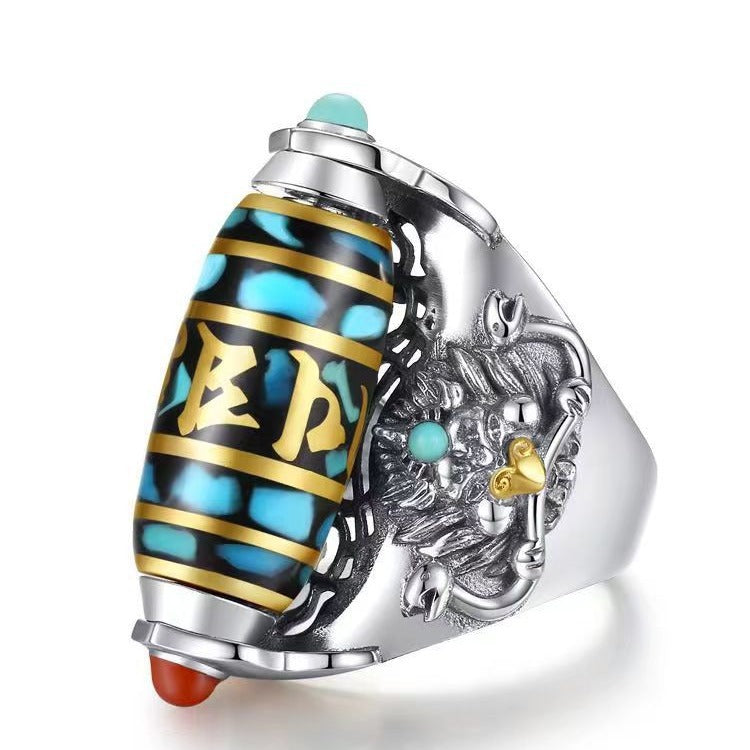 Six-character mantra dzi dzi turn ring men's national tide dapeng bird personality couple ring ring