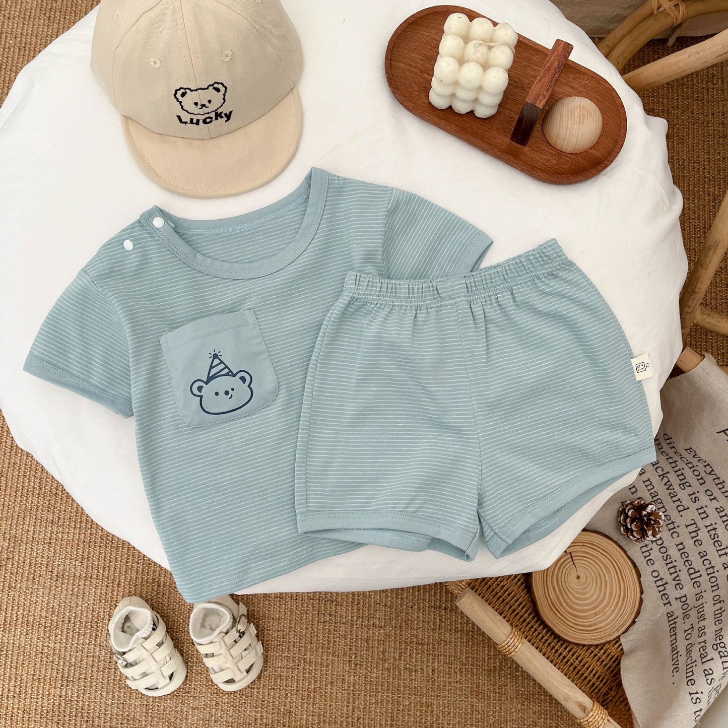 2025 Summer Korean Version Children's Casual Striped Short Sleeve Shorts Set Baby Boy Thin Cool T-Shirt Two-Piece Set