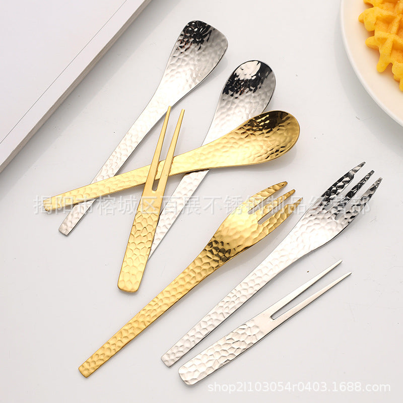 Hammer pattern stainless steel 304 gold western dessert fork spoon dessert cake hammered fruit fork bird's nest ice cream spoon