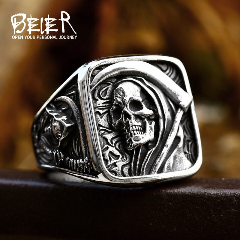 beier cross-border new stainless steel men's ring wholesale European and American punk hip hop Grim Reaper skull ring manufacturers