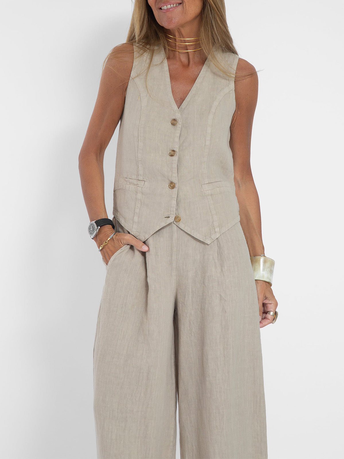 2024 European and American cross-border hot sale new fashion vest trousers, collage stitching, pure sleeveless color temperament casual suit