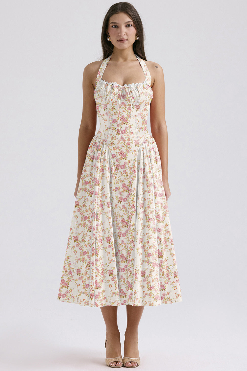 2025 New Summer Slim Slip Long Skirt European and American style fashion print halterneck lace dress