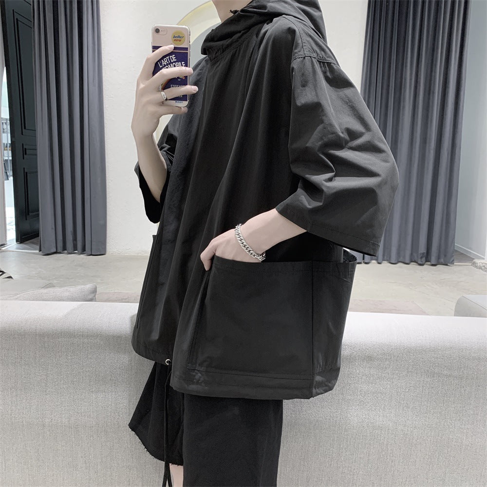 Summer Hooded Short Sleeve T-Shirt Men's Loose Quarter Sleeve Sweatshirt Trendy Trench Coat Type Pullover Medium Sleeve Clothes Summer Dress