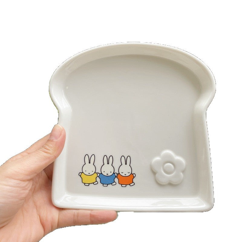 Soft and cute healing Miffy rabbit toast plate, cute rabbit toast shape ceramic plate, small flower flower Japanese dessert plate