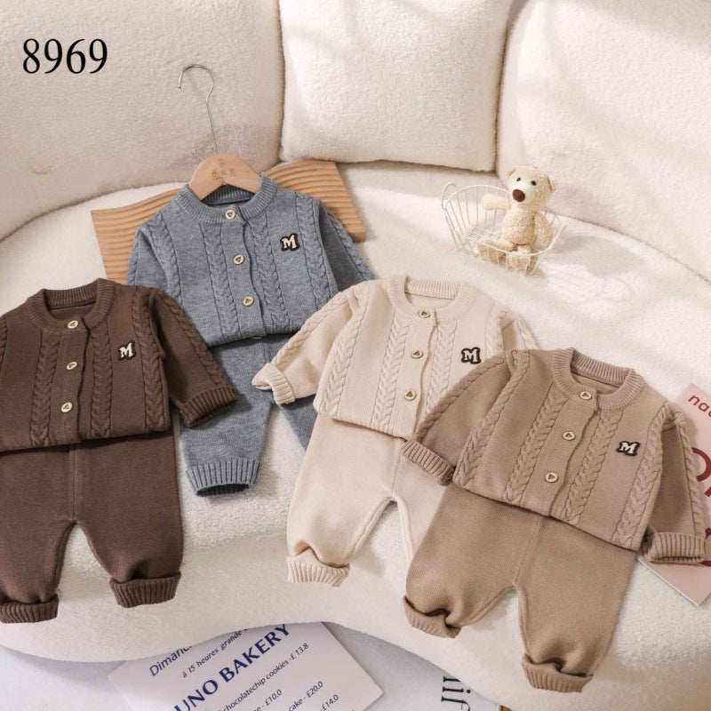 Knitted woolen set for boys and girls vintage cable craft 2024 autumn winter baby Korean sweater knitted trouser cover
