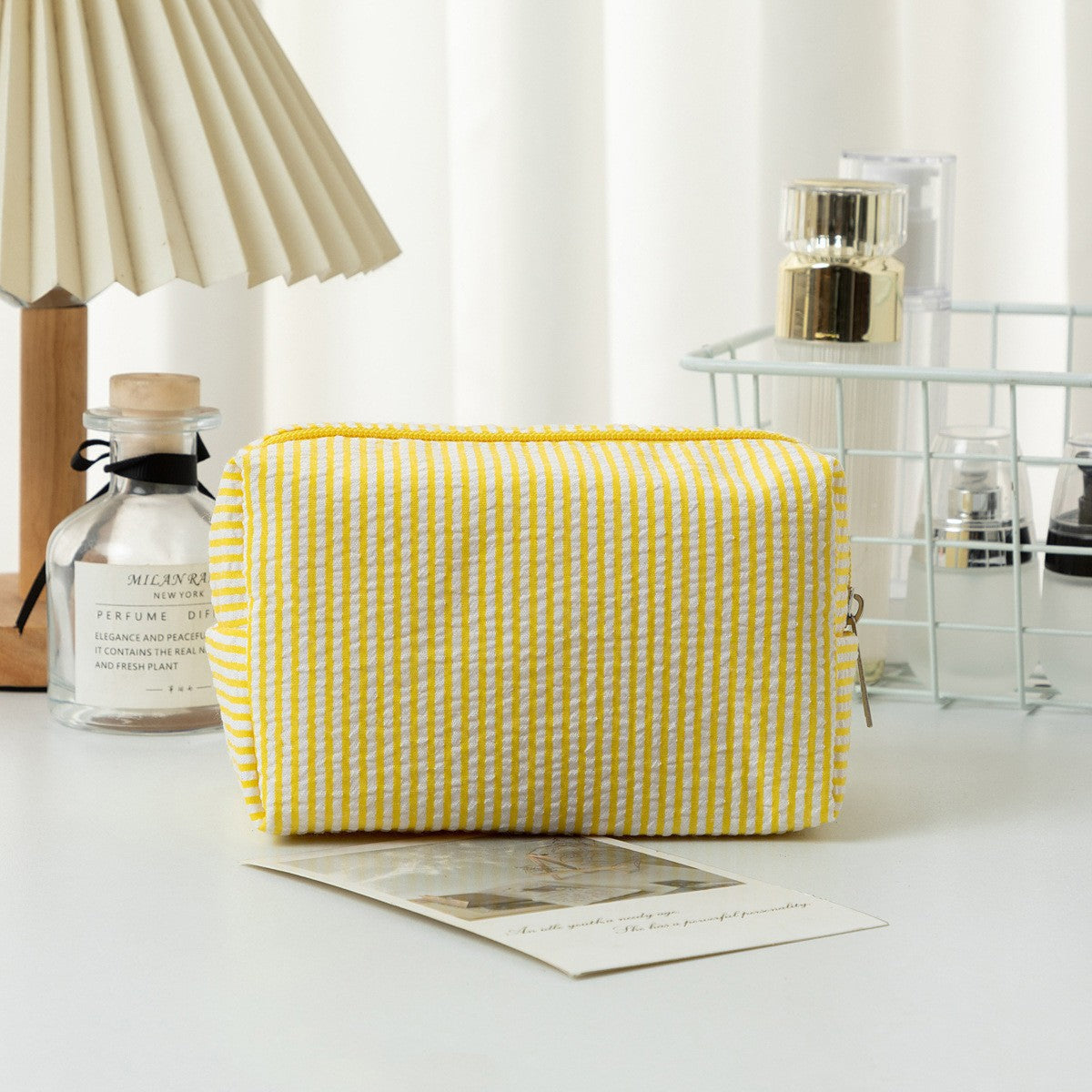 Cross-border hot selling seersucker cosmetic bag hand holding large capacity toiletry bag embroidered stripe travel cosmetics storage bag