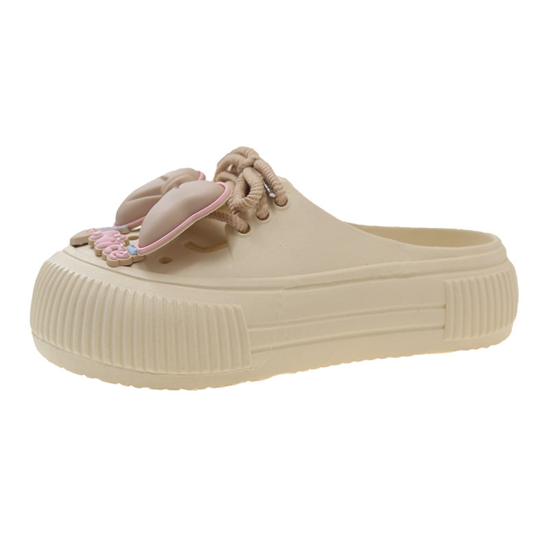 Cute bow lace hole shoes female summer students wear heightened thick-soled toe non-slip sandals indoors and outdoors