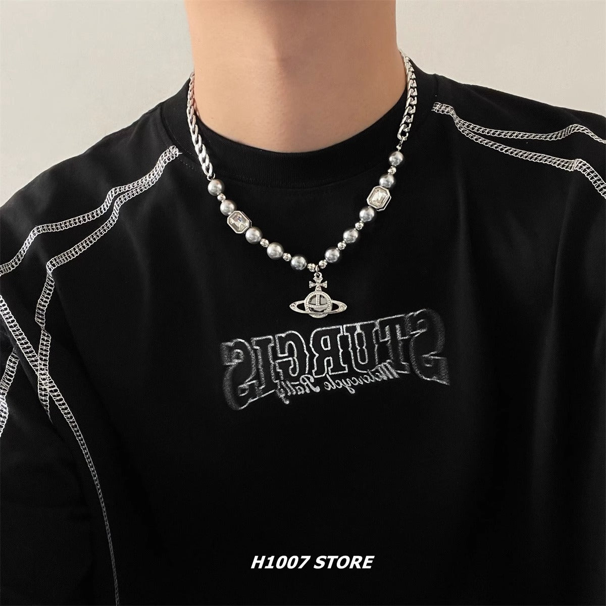 Planet beaded stitching men's necklace girls cold style hip hop niche design high-end couple sweater chain