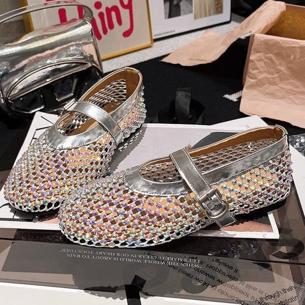 European station rhinestone line Mary Jane cut-out mesh ballet shoes fishnet shoes single shoes loafers boat shoes women's shoes