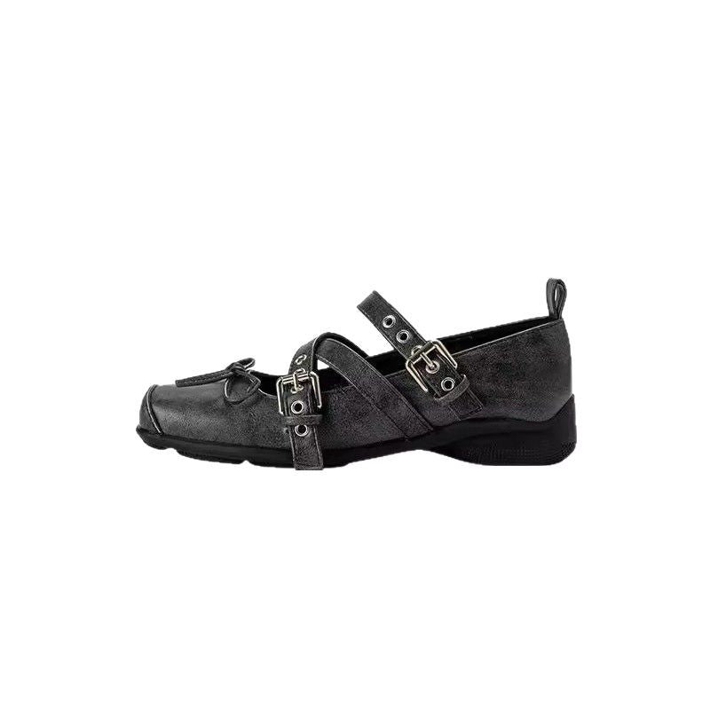 Cowhide version cross belt buckle casual sports sole ballet shoes women's flat pignose bow Mary Jane single shoes