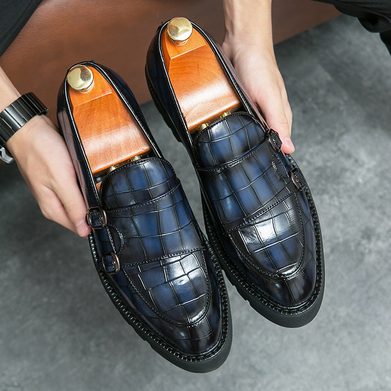 2023 new size double pin buckle loafers men's patent leather shiny block heel platform sole heightened hairstylist casual leather shoes