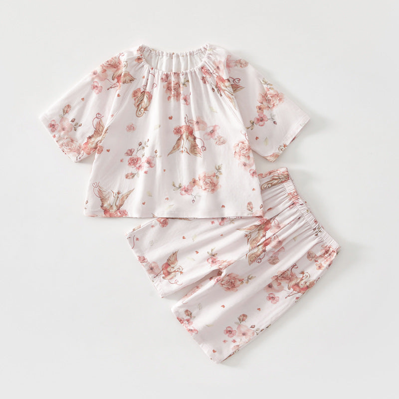 Korean vintage floral pajamas baby print casual two-piece summer new gauze set baby loungewear