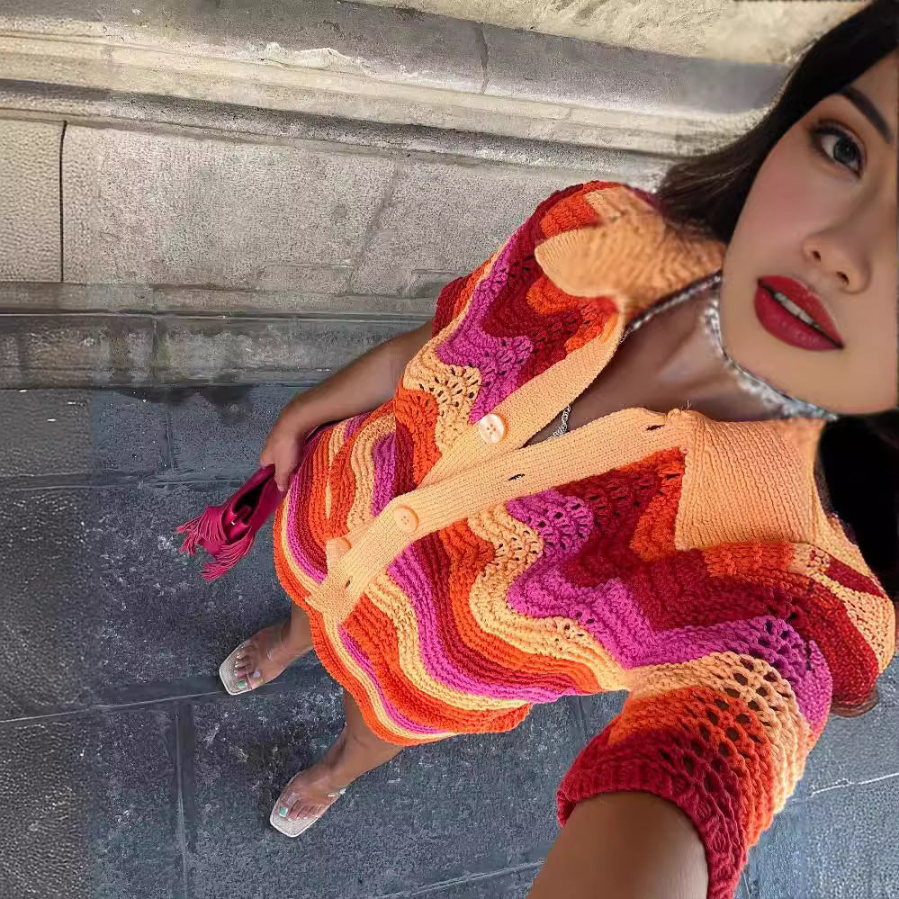 AliExpress summer new lapel polo collar single-breasted sweater mesh skirt knit suit women