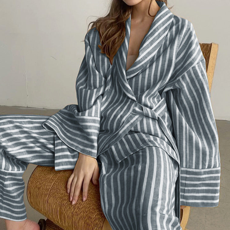 European and American women's clothing 2025 autumn new striped long sleeve loose lace-up top, high waist trousers, fashion casual suit