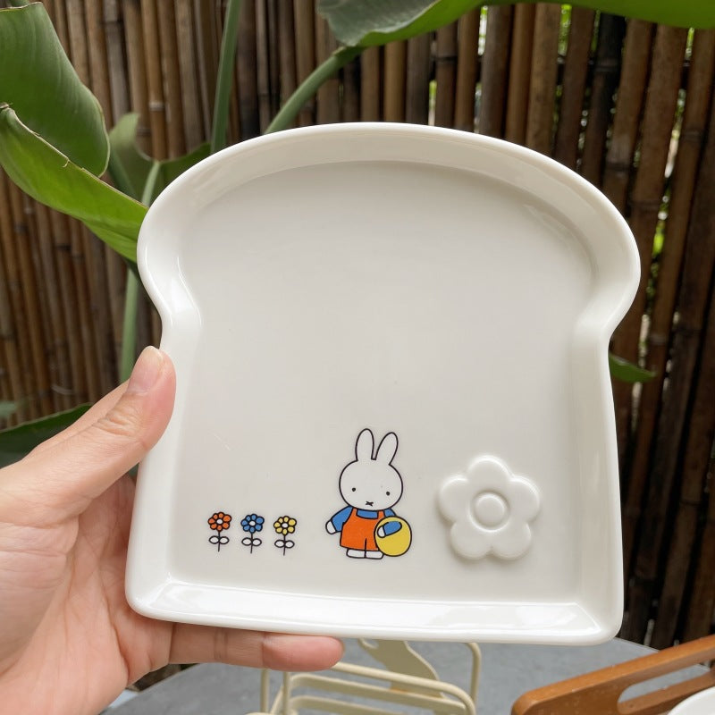 Soft and cute healing Miffy rabbit toast plate, cute rabbit toast shape ceramic plate, small flower flower Japanese dessert plate