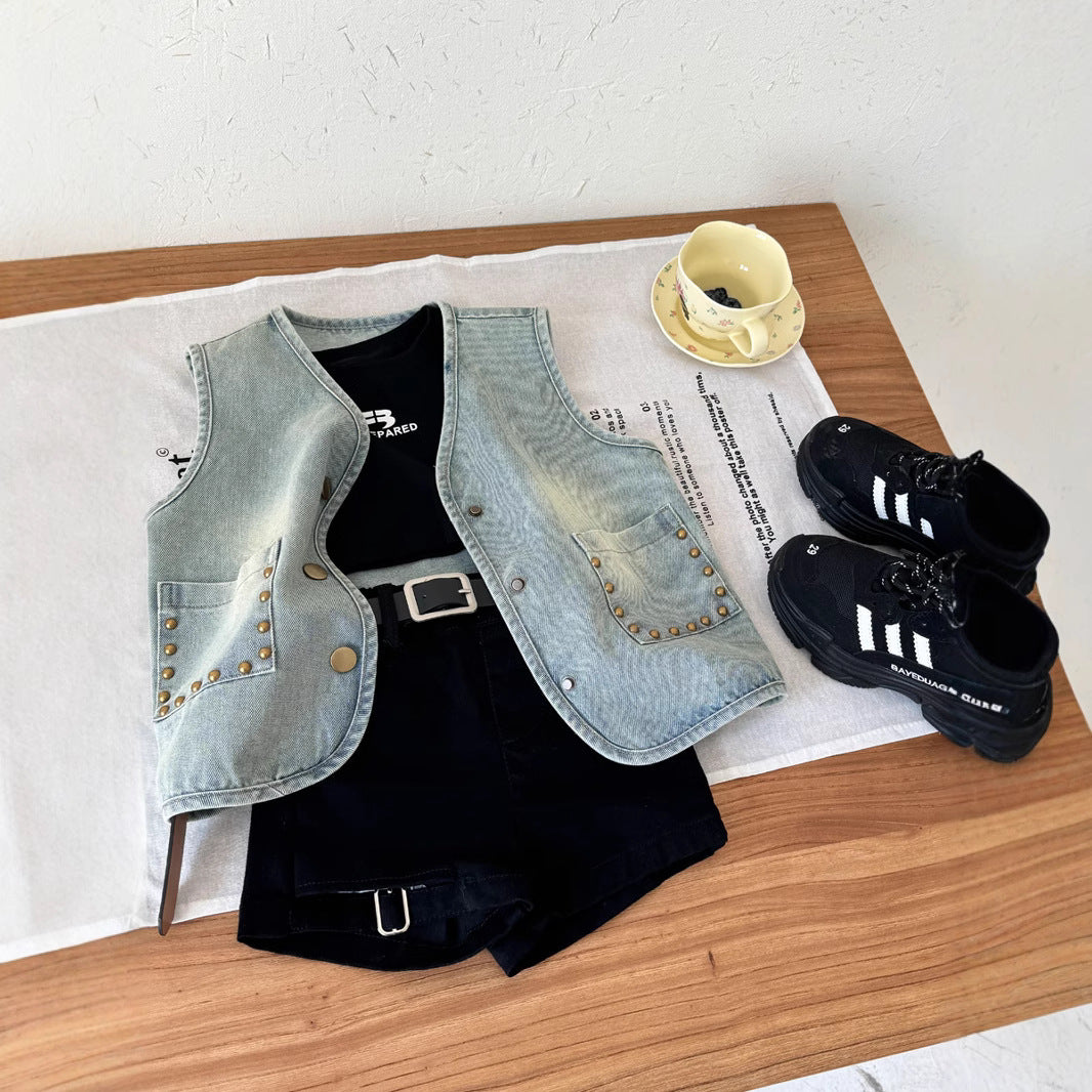 No refund or exchange Girls' summer thin studded vest denim jacket Children's Korean version mid-length sleeveless vest