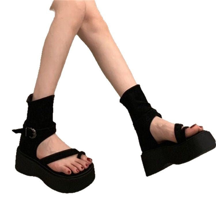Thick-soled heightened trouser tube sandals women's 2025 summer new small man soft-soled pullover toe sandals heightened roman women's shoes
