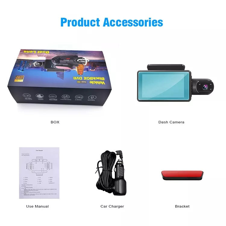 Cross-border vehicle front and interior 3-inch driving recorder HD dual-lens dual-recording 360-degree car camera 1080P