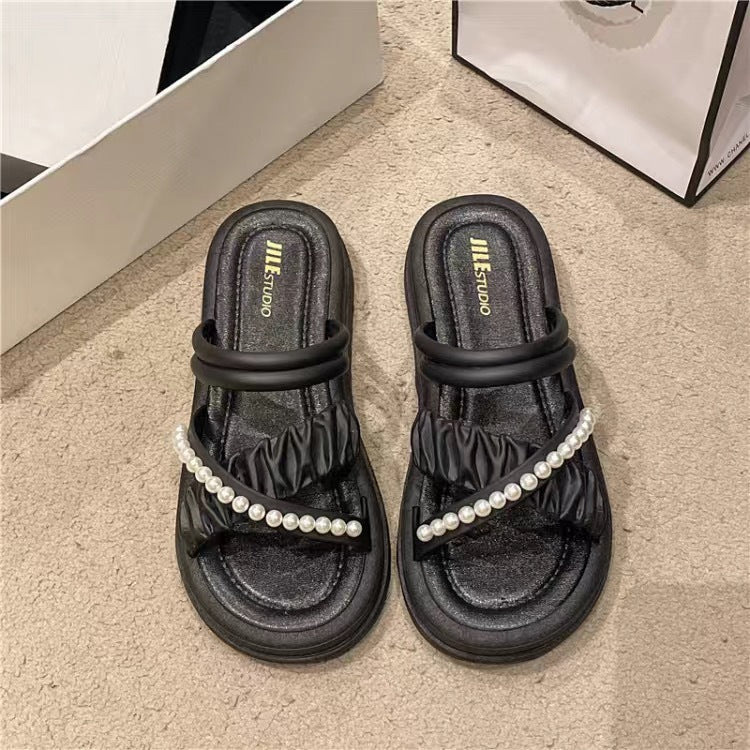 French high-end sandals for women 2025 new wear non-slip platform platform rhinestone pearl versatile slippers for women's summer