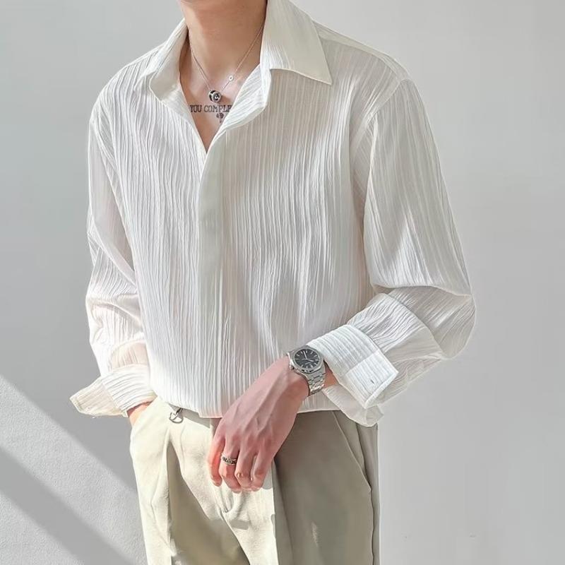 Textured tops Korean version loose casual long-sleeved shirt men's trendy handsome striped non-ironing shirt autumn