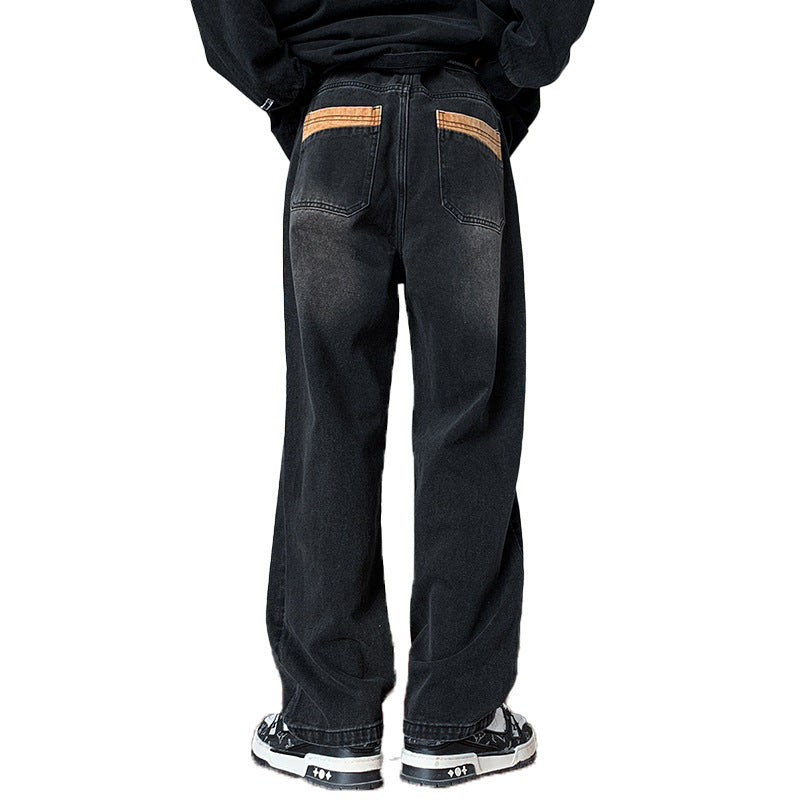 American retro jeans, men's autumn high street vibe pants, belt straight, loose national trend wide-leg pants