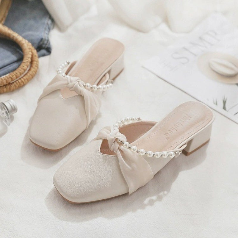Foreign trade cross-border mid-heel block heel half-holder sandals 2024 summer new fairy style pearl high heels anti-slip women's shoes