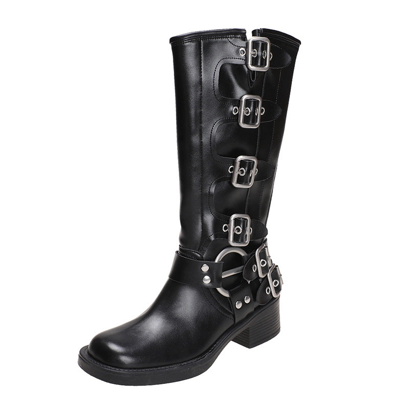 Belt buckle vintage high boots fashion boots women's boots wholesale new boots block heel western boots increase height leather boots