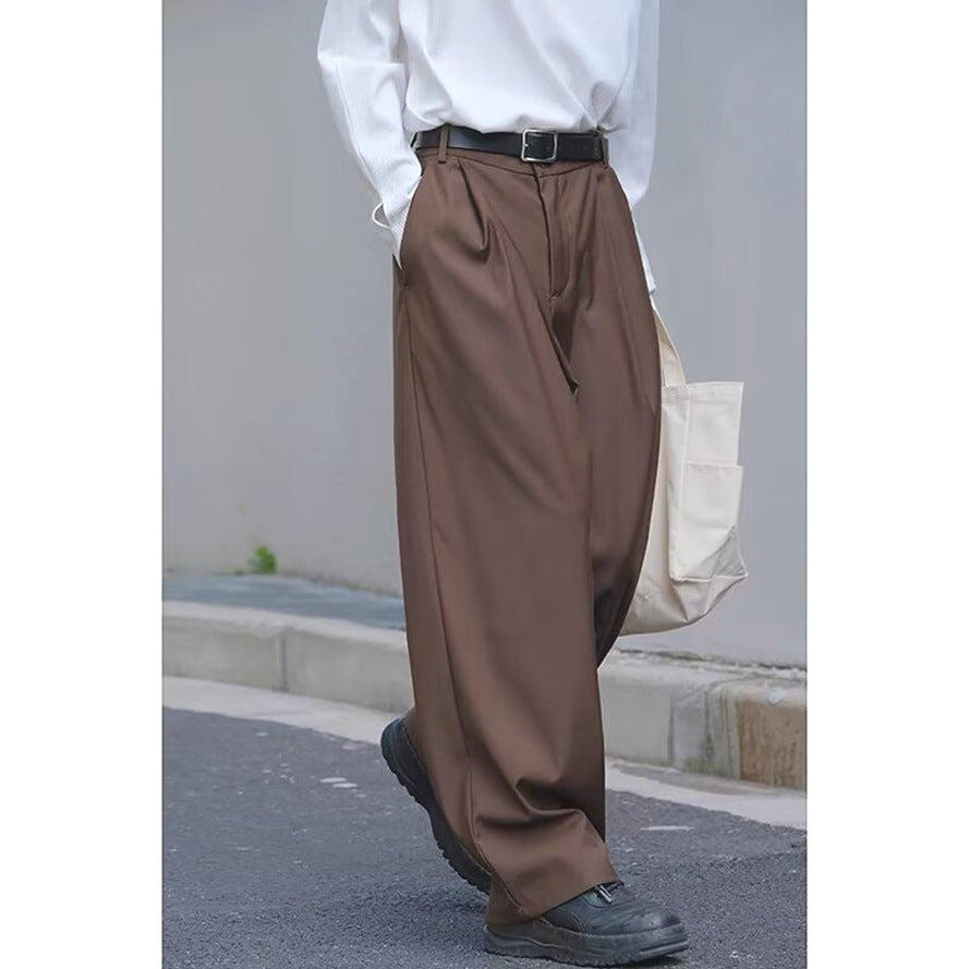 American brown trousers, men's loose straight-leg long pants, casual and versatile, commuter suit pants, wide-leg cargo pants, dad pants