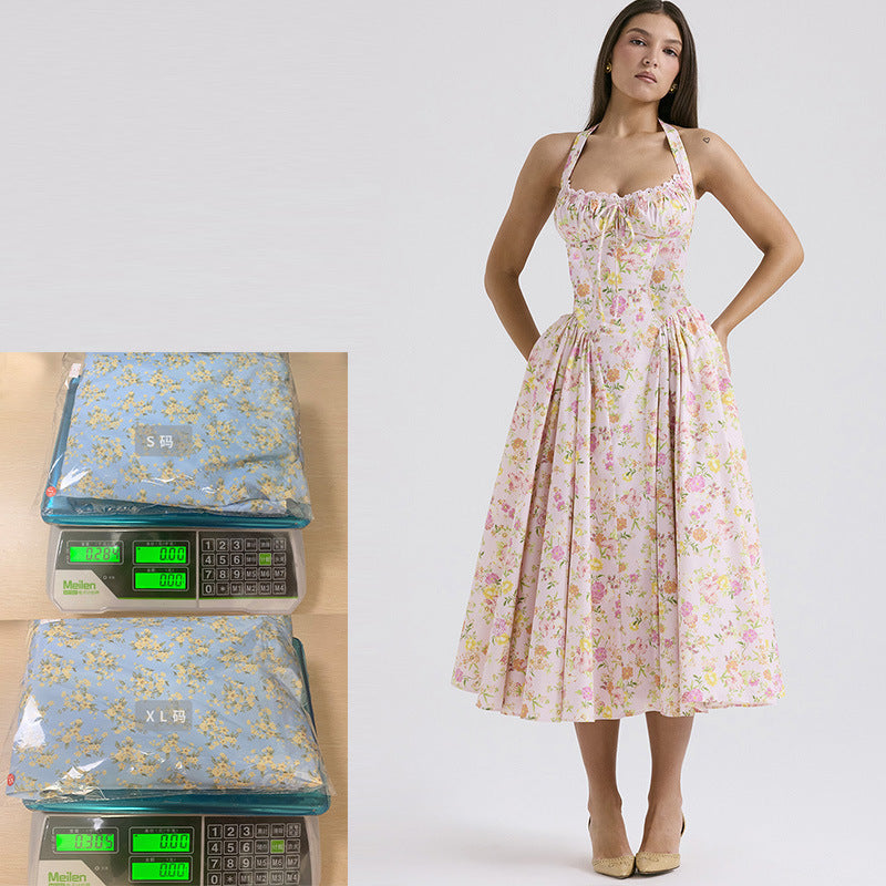 2025 New Summer Slim Slip Long Skirt European and American style fashion print halterneck lace dress