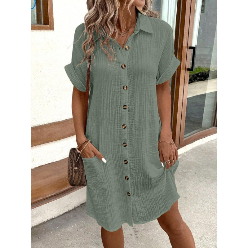 2025 AliExpress wish Amazon hot summer simple V-neck button cotton and linen dress women's shirt dress