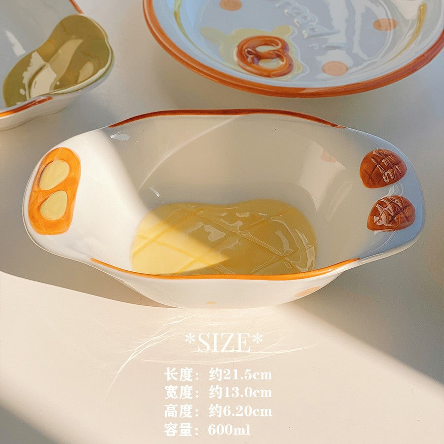 Cute bread, ceramic tableware, home bowl, dessert cookie, bread, high value round plate, rice bowl, spoon, plate