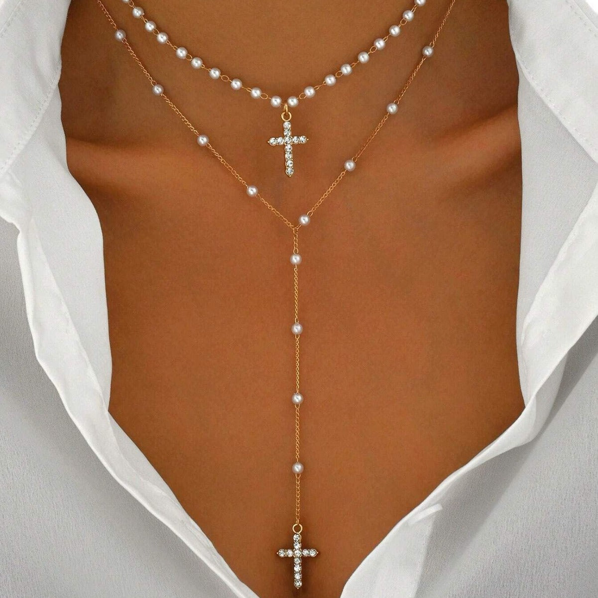 European and American cross-border hip hop ins diamond cross pendant long necklace personality multi-layer clavicle chain female wholesale