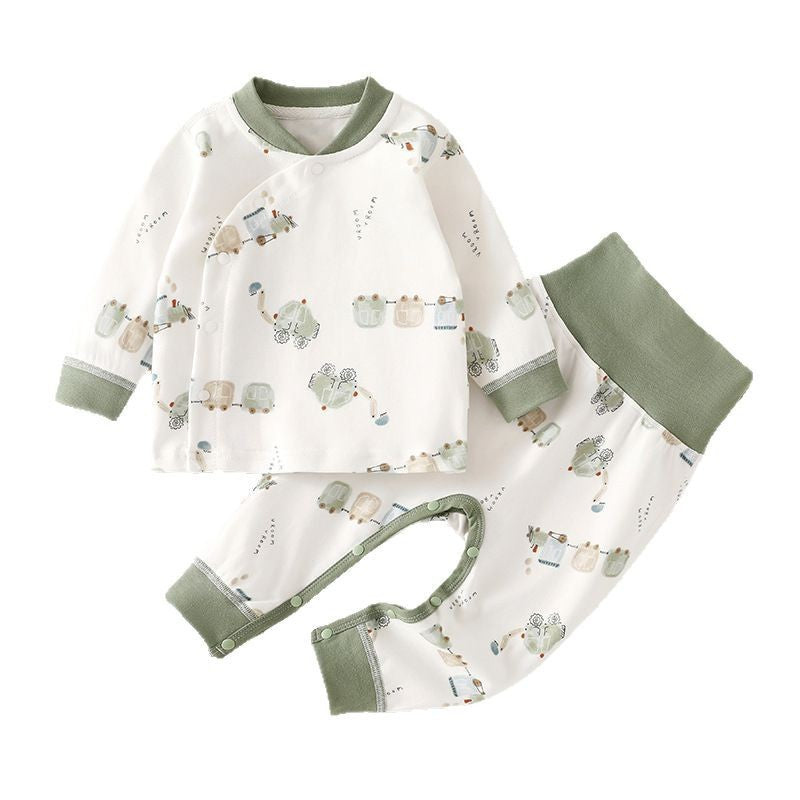 Infant high-waisted suit spring and autumn belly protection two-piece pajamas baby loungewear Class A cotton bottom layer