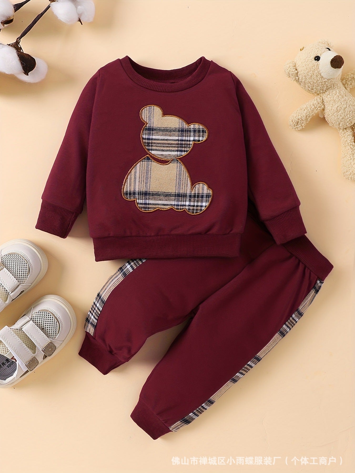 Cross-border INS Amazon 2024 new explosive baby plaid bear embroidered sweatshirt set fashionable
