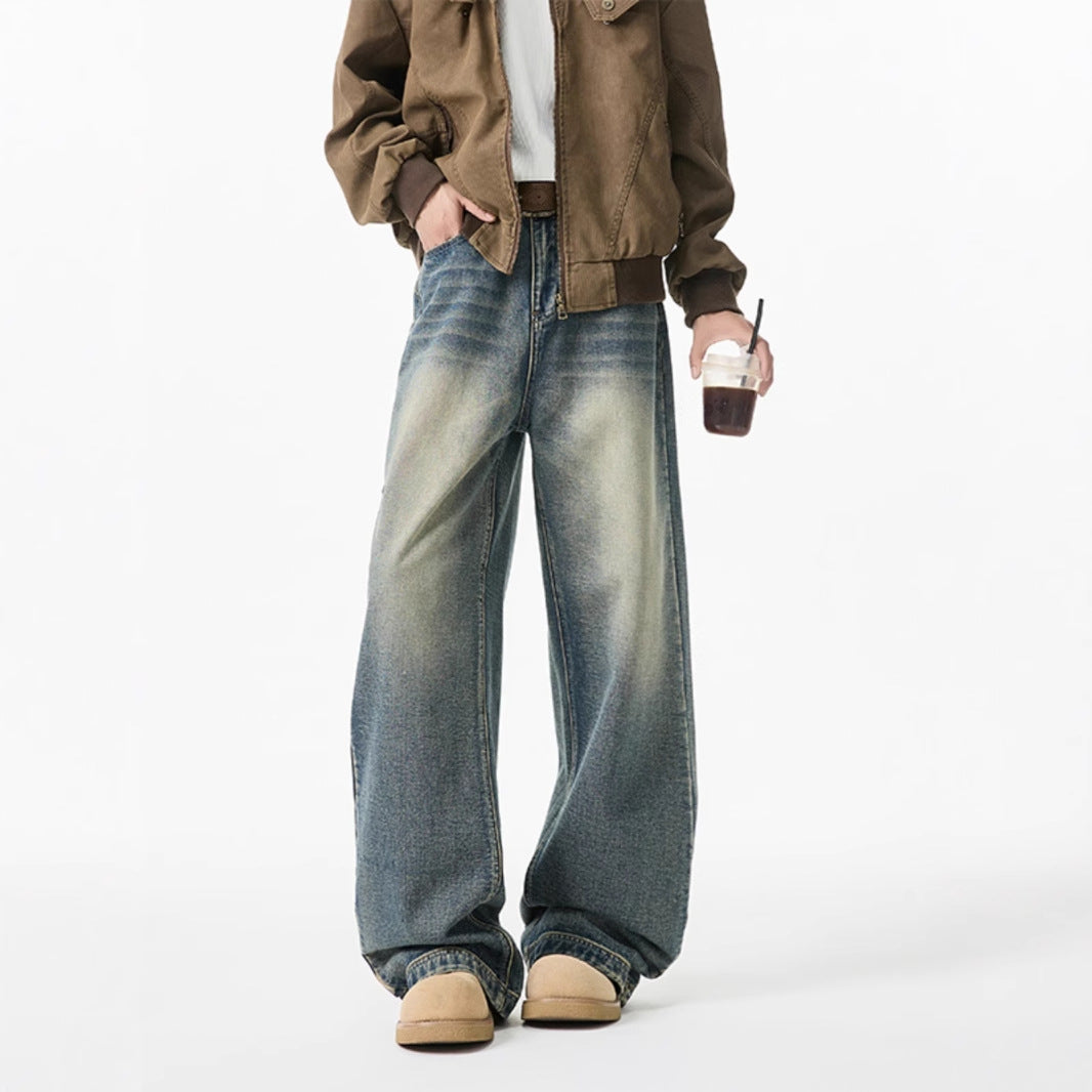 American cleanfit wide-leg jeans, men's spring and autumn straight-leg loose trousers, handsome, high-quality men's pants, tide
