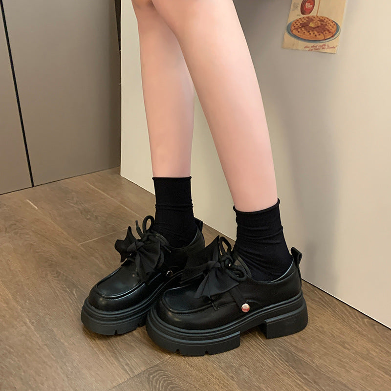 Small leather shoes women's wholesale new spring and autumn style bow retro British style platform sole heightened Mary Jane loafers