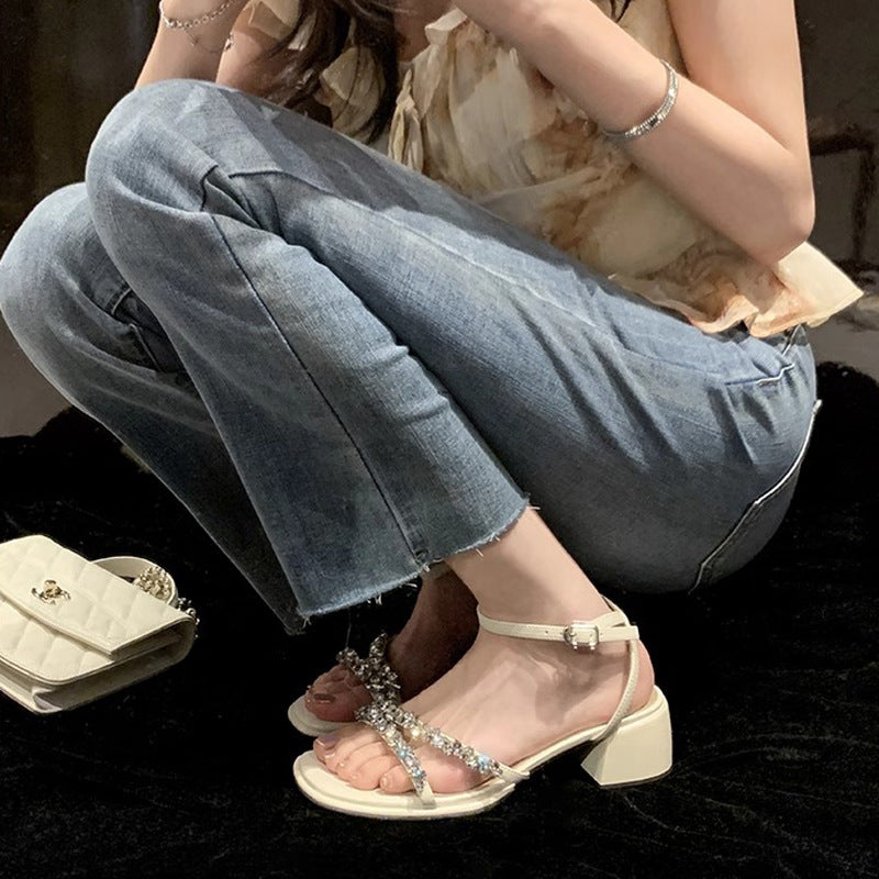 Su Yinyin rock sugar fairy ~ summer new one-line strap sandals French rhinestone open-toe block high heeled sandals women