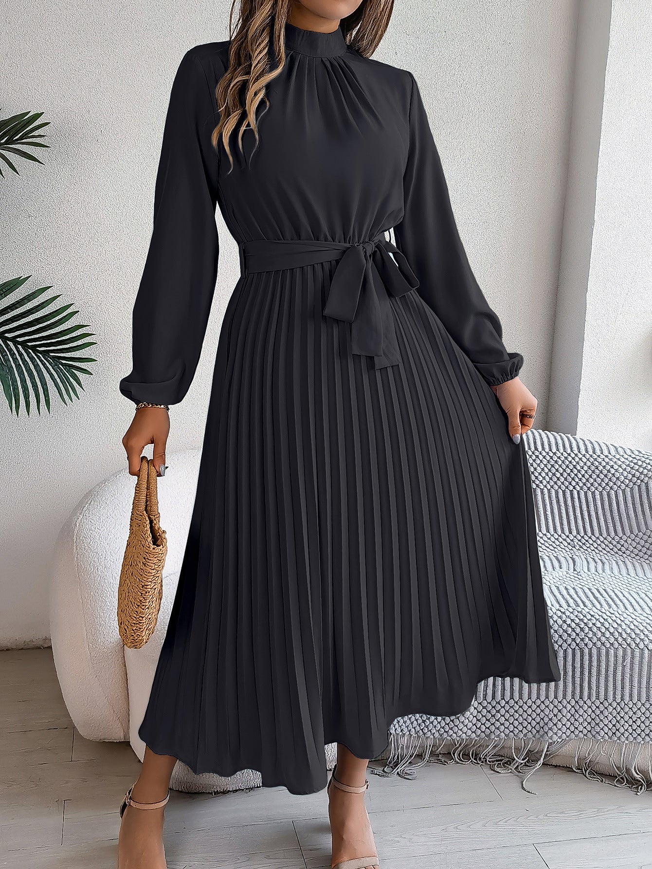 2024 Europe and the United States Fall/Winter Elegant Stand-up Collar Long Sleeve Cinched Waist Pleated Long Skirt Small Dress Amazon Cross-border Women's Wear