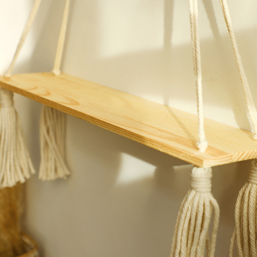 Pomesia hand-woven fringed wooden bead flower pot shelf simple homestay living room home wall pendant