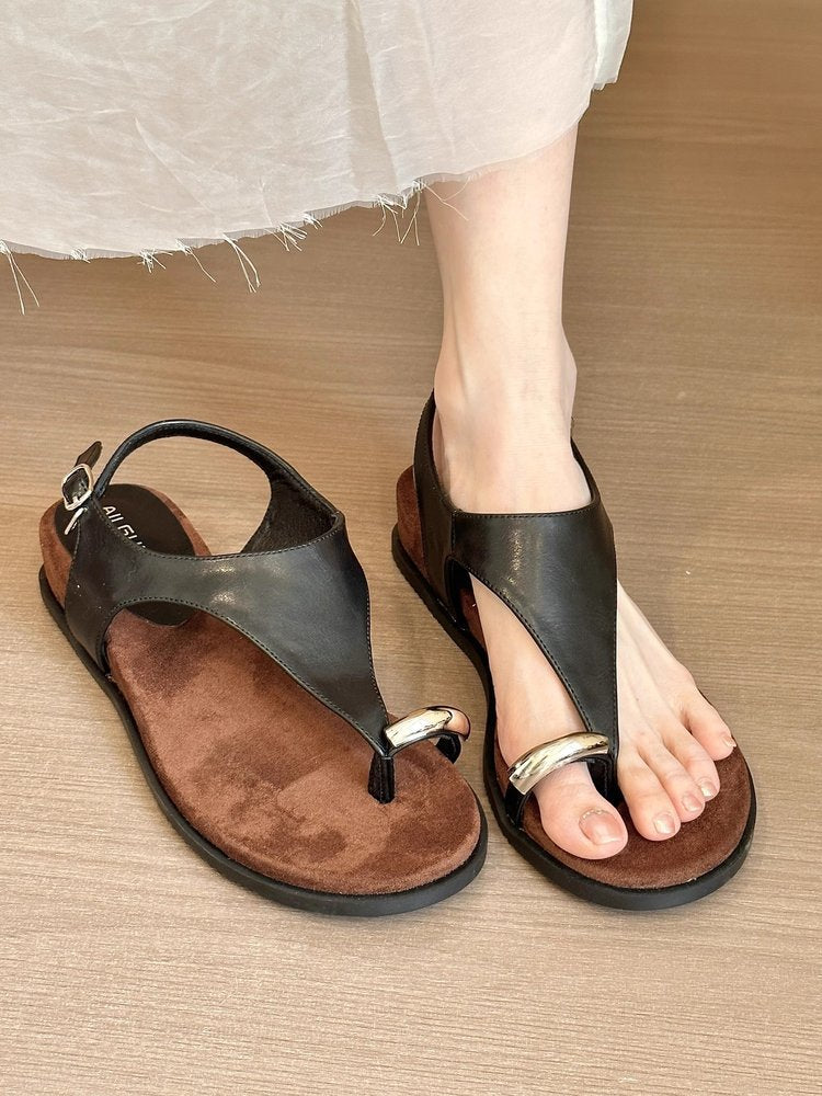 Sheepskin version ~ French niche metal buckle pullover toe sandals, women's fairy style open toe leather soft soles, comfortable Roman shoes