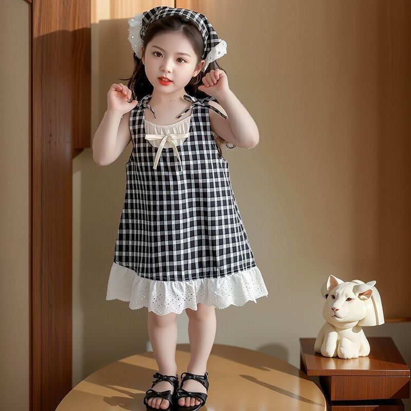 2025 New Summer Girls Girls Children's Sleeveless Lace Plaid Skirt Red Princess Foreign Style Dress Plaid