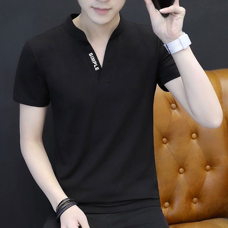 Summer men's V-neck short-sleeved T-shirt, ice elastic base shirt, solid color, European and American simple slim small stand-up collar versatile shirt