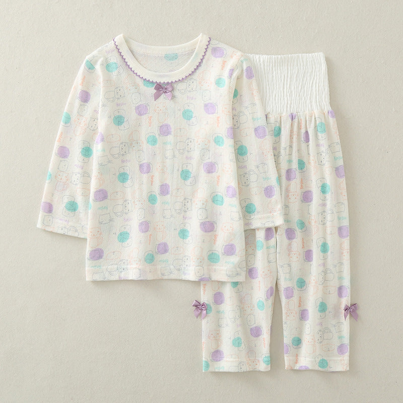 Baby long sleeve suit, cotton summer thin girl air conditioning suit, two-piece high waist belly protection baby loungewear pajamas