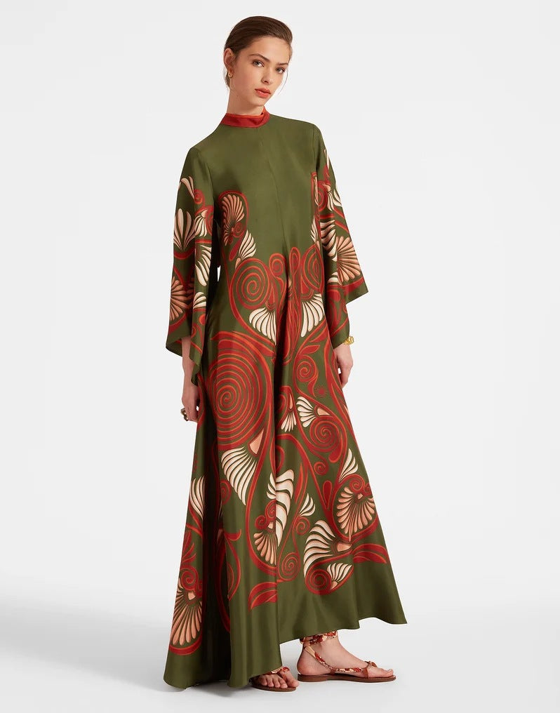 Cross-border foreign trade independent station Amazon Europe and the United States new summer print three-quarter sleeve stand-up collar dress