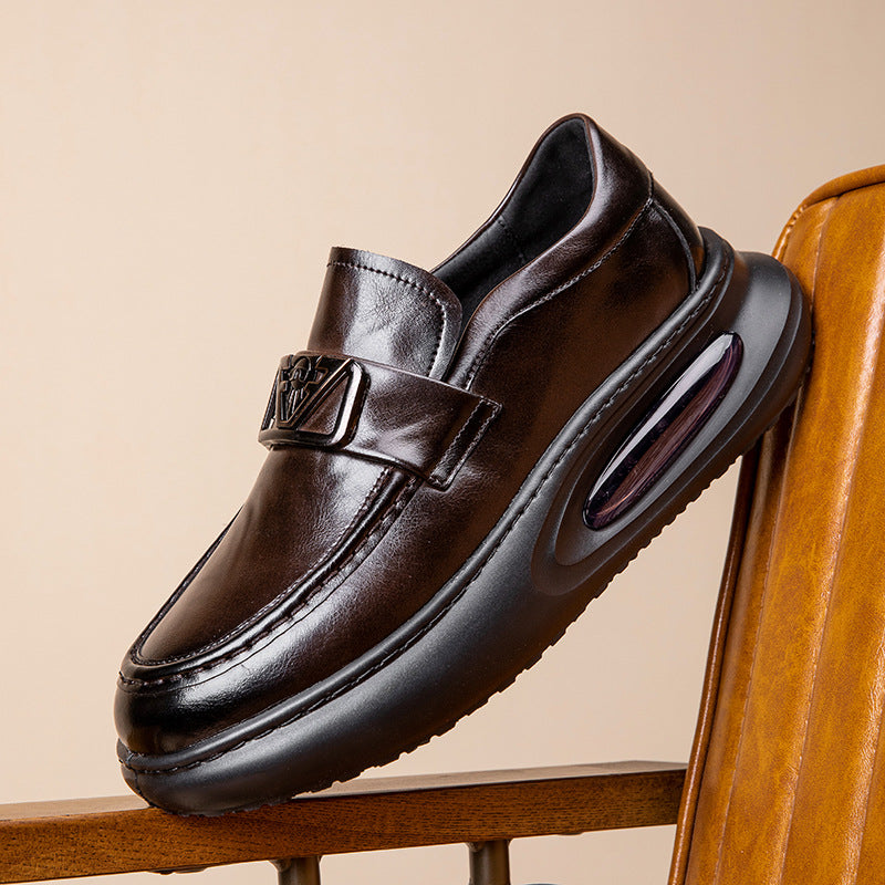 2025 Spring New Air Cushion Men's Shoes Genuine Leather Business Casual Leather Shoes Men's British Platform Sole Breathable Heightened Single Shoes