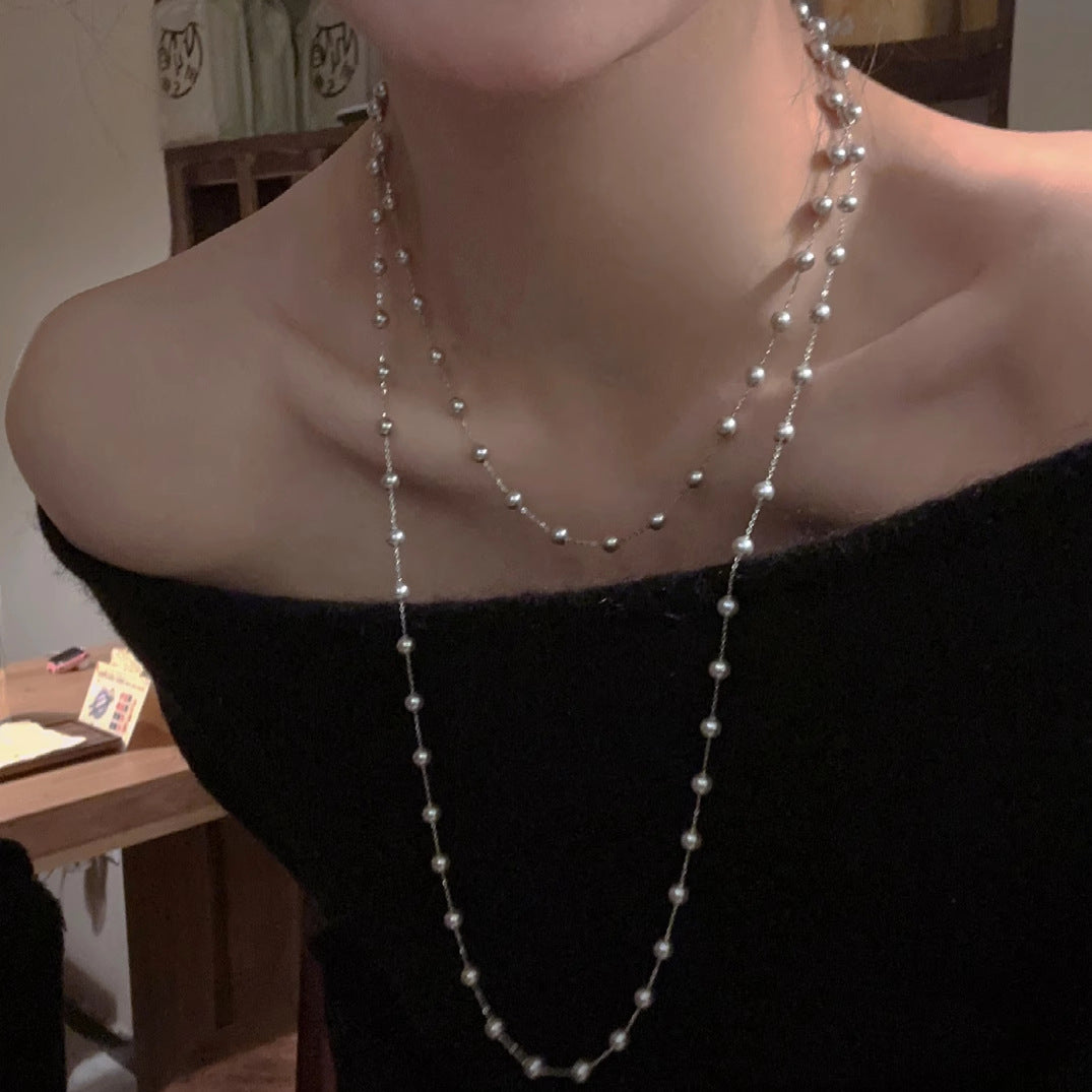 New faux pearl double-layered necklace cross-border exquisite fashion clavicle chain French temperament light luxury sweater chain